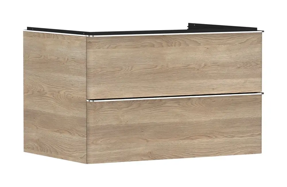 Waschtischunterschrank in Holzoptik von Hansgrohe mit zwei Schubkästen. Der Schrank hat eine klare, moderne Form und bietet Stauraum für Badezimmerutensilien.